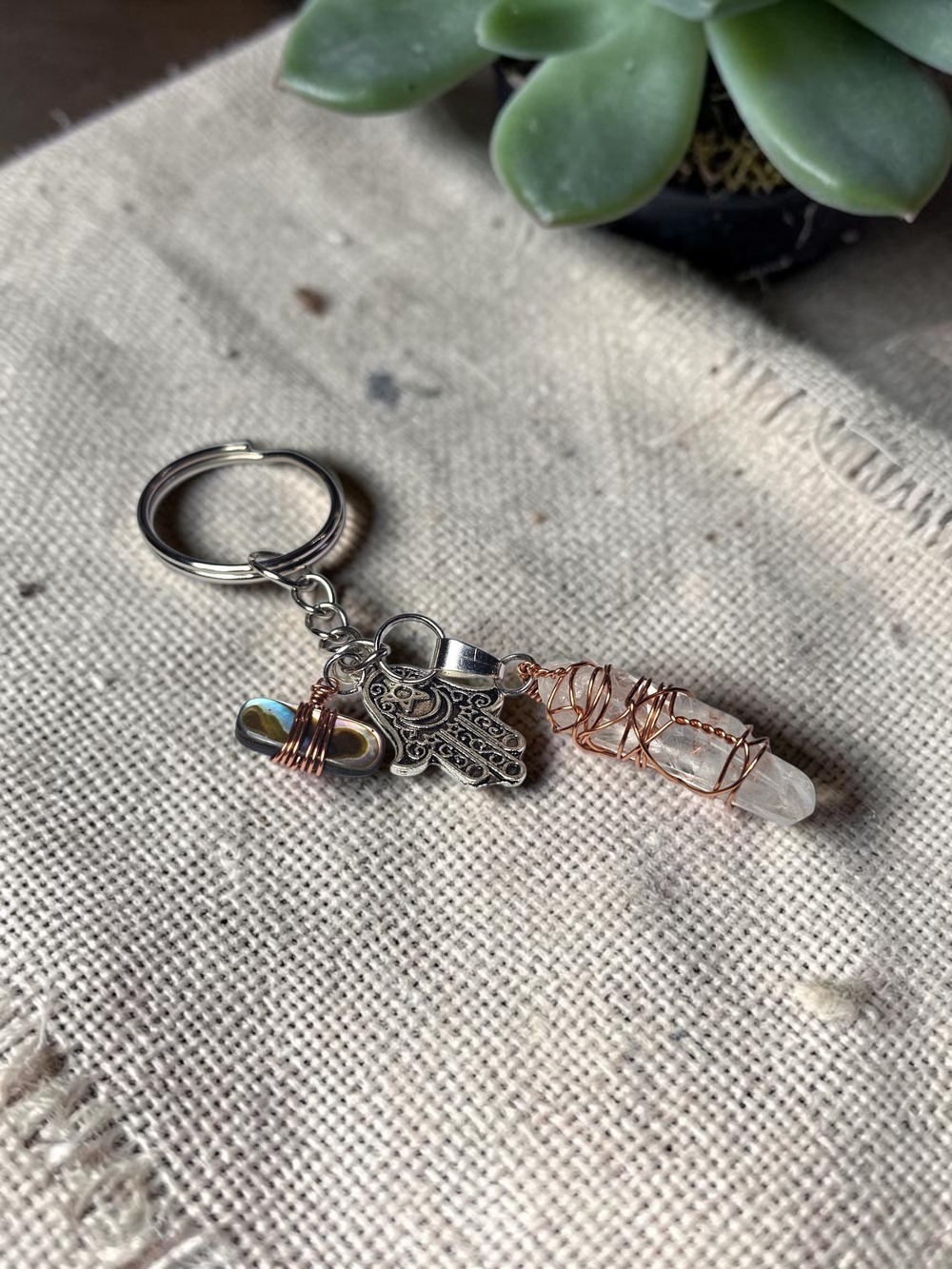 Crystal Point Wire-Wrap Keychain with Hamsa Charm